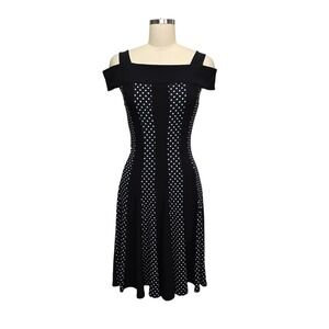 Joseph Ribkoff Black White Polka Dot Cold Shoulder‎ Fit Flare Dress Size 6 Retro
